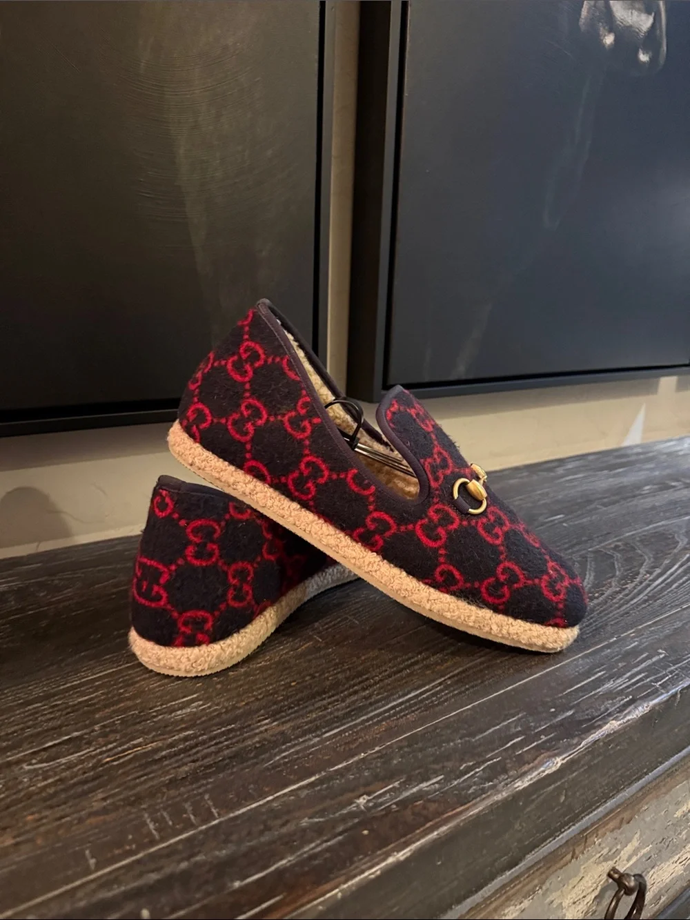 Gucci Navy & Red GG Wool Horsebit Loafers